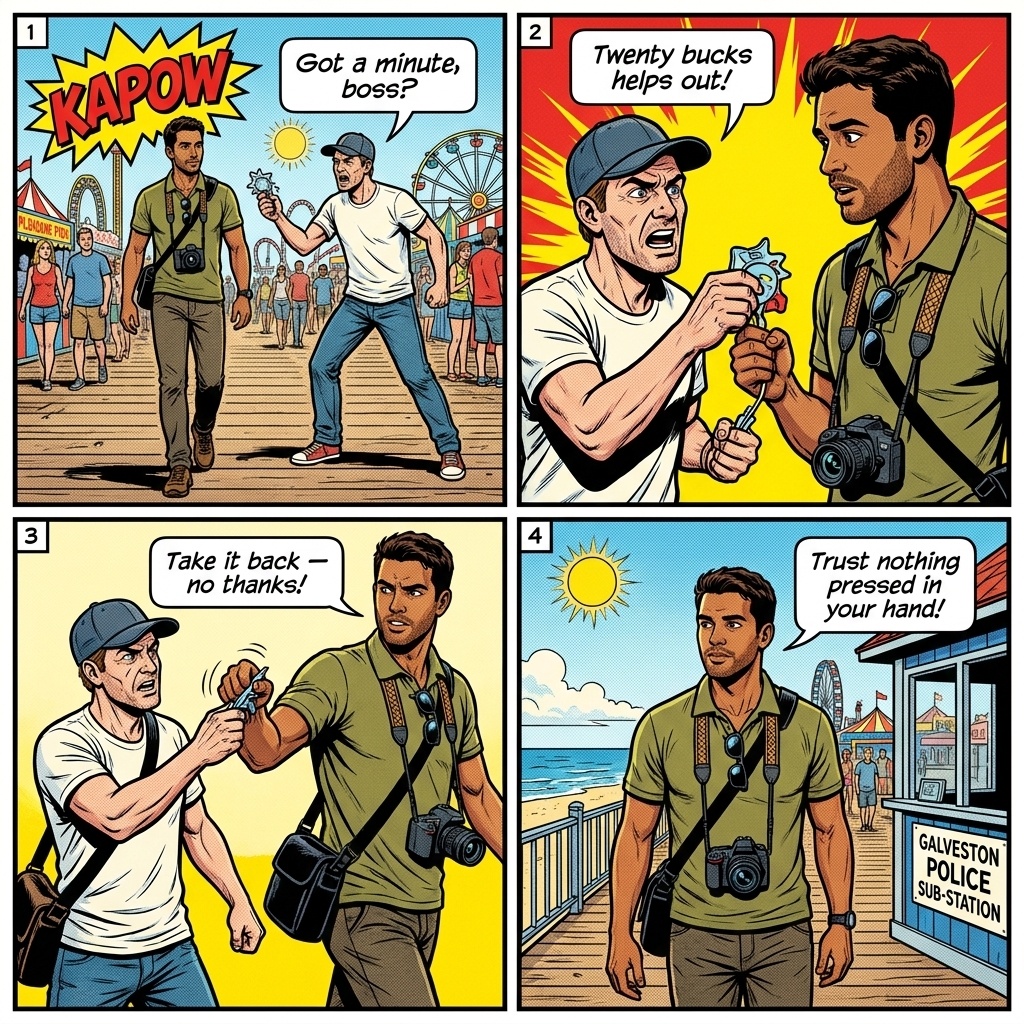 Galveston Door-to-Door & Beachfront Vendor Hustle Scam — comic illustration