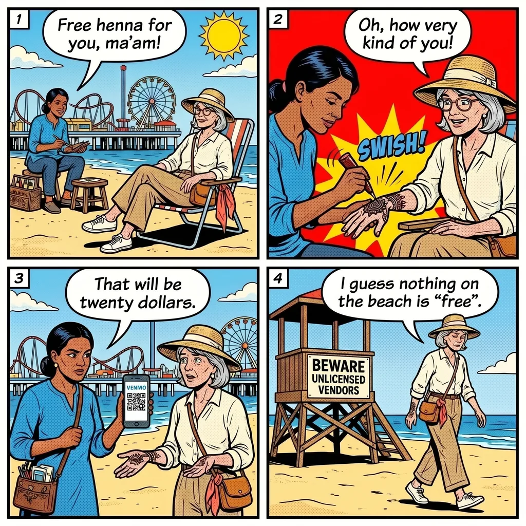 Galveston Door-to-Door & Beachfront Vendor Hustle Scam — comic illustration