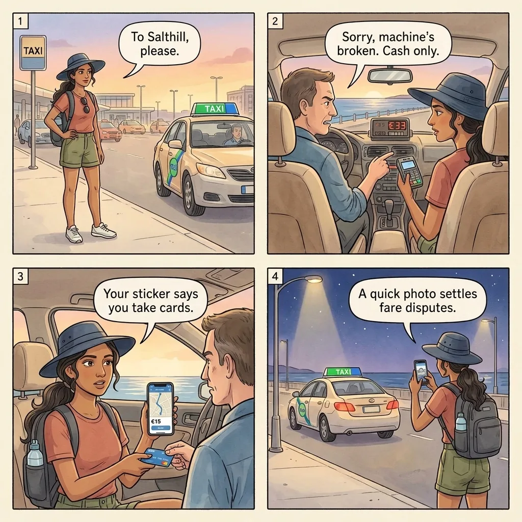 Galway Taxi Card-Refusal and Cash-Only Padding — comic illustration