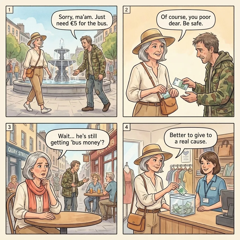 Eyre Square Organized Begging and Cancer Sob-Story — comic illustration