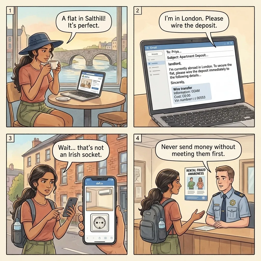 Galway Daft.ie Phantom-Landlord Deposit Fraud — comic illustration