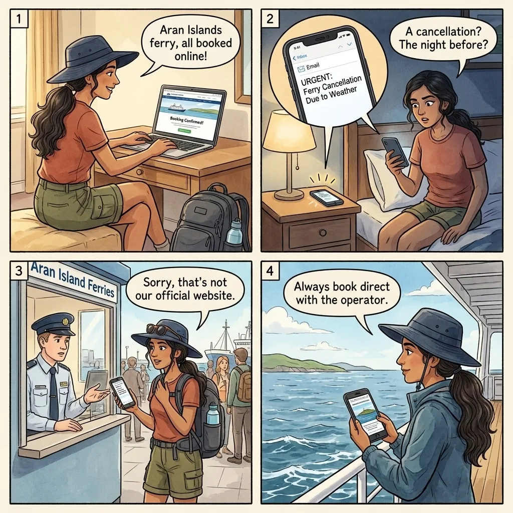 Aran Islands Ferry Reseller-Site Booking Scam — comic illustration