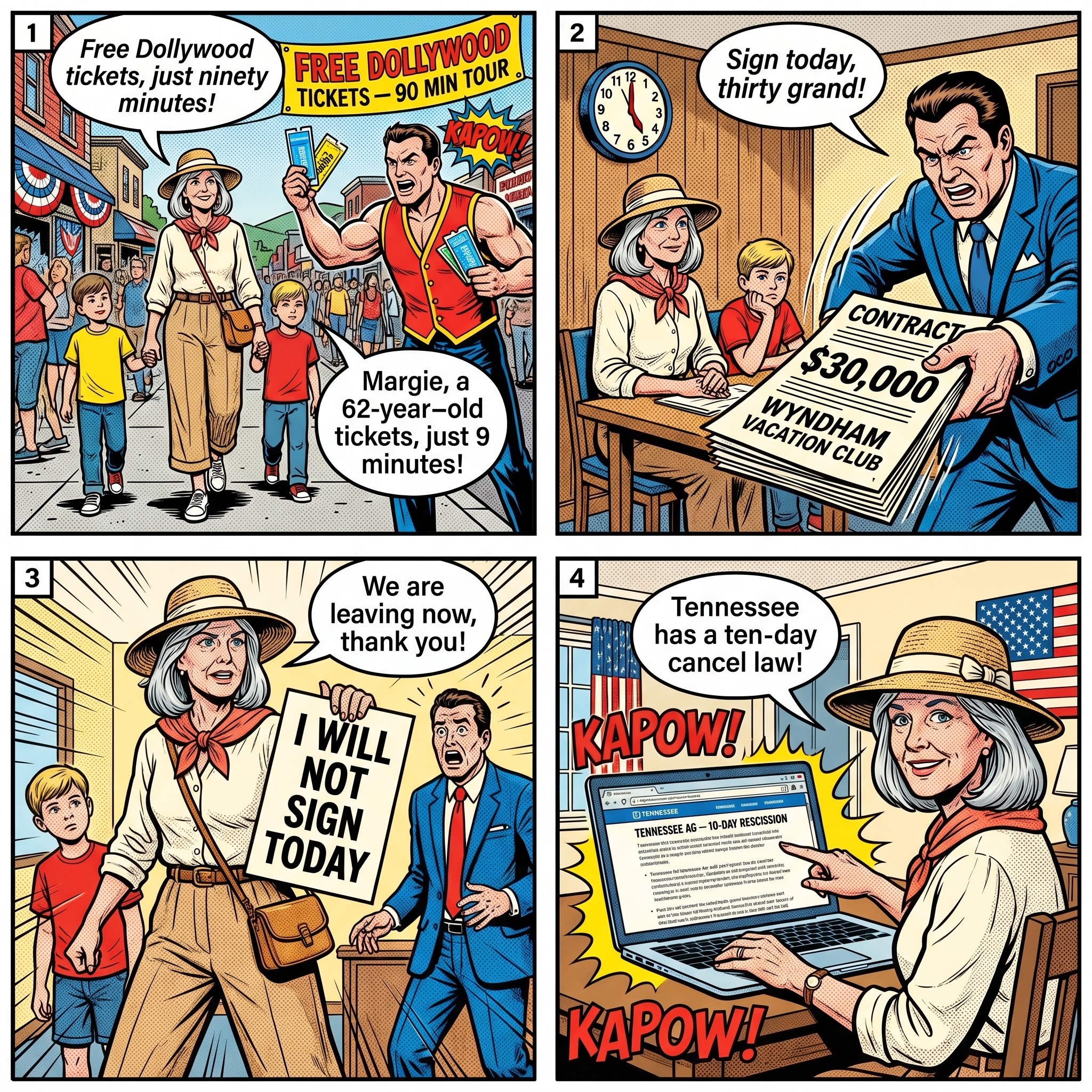 Gatlinburg 'VacationVIP' & 'Free Tickets' Timeshare Presentation Hustl — comic illustration