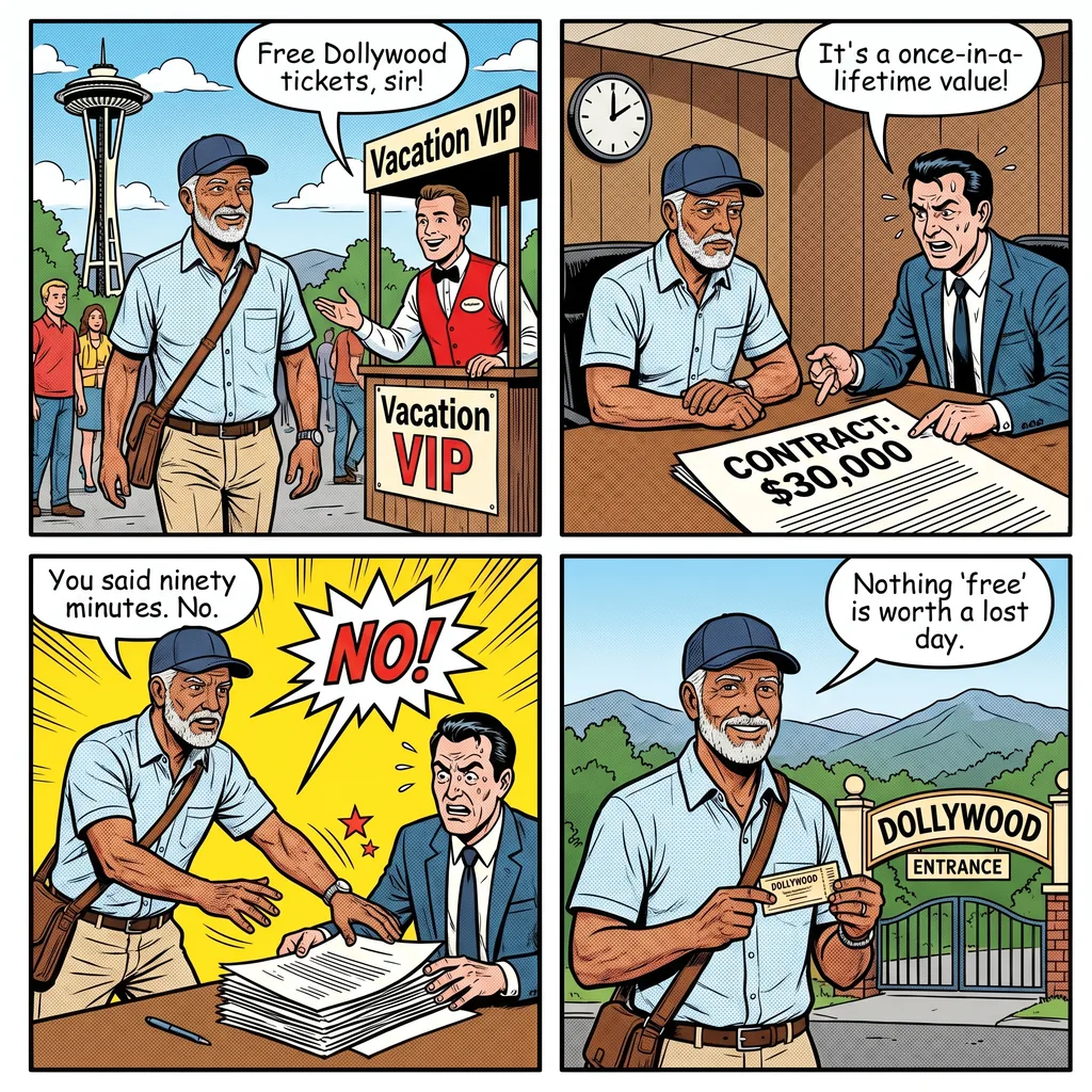 Gatlinburg 'VacationVIP' & 'Free Tickets' Timeshare Presentation Hustl — comic illustration