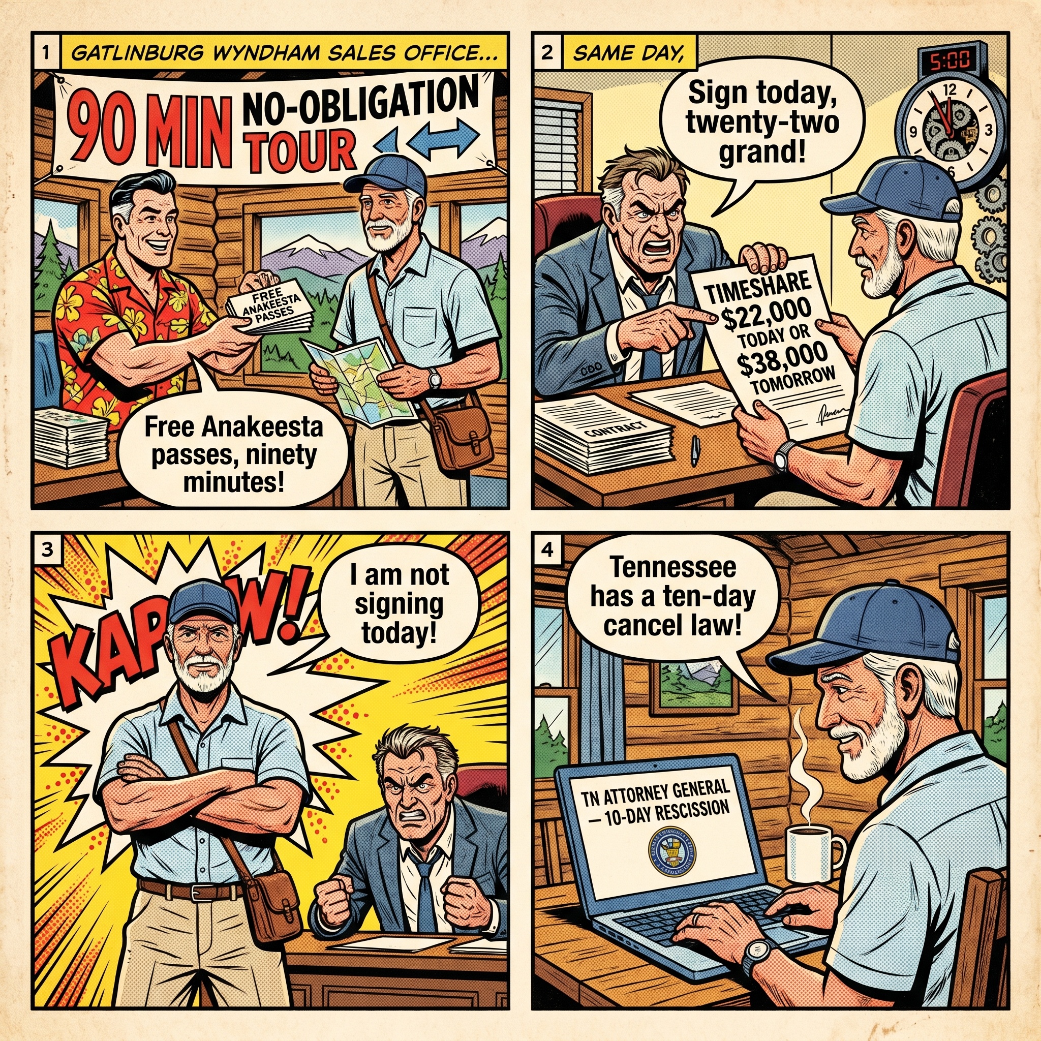 Wyndham / Bluegreen / Westgate Timeshare Sales Office Hustle — comic illustration