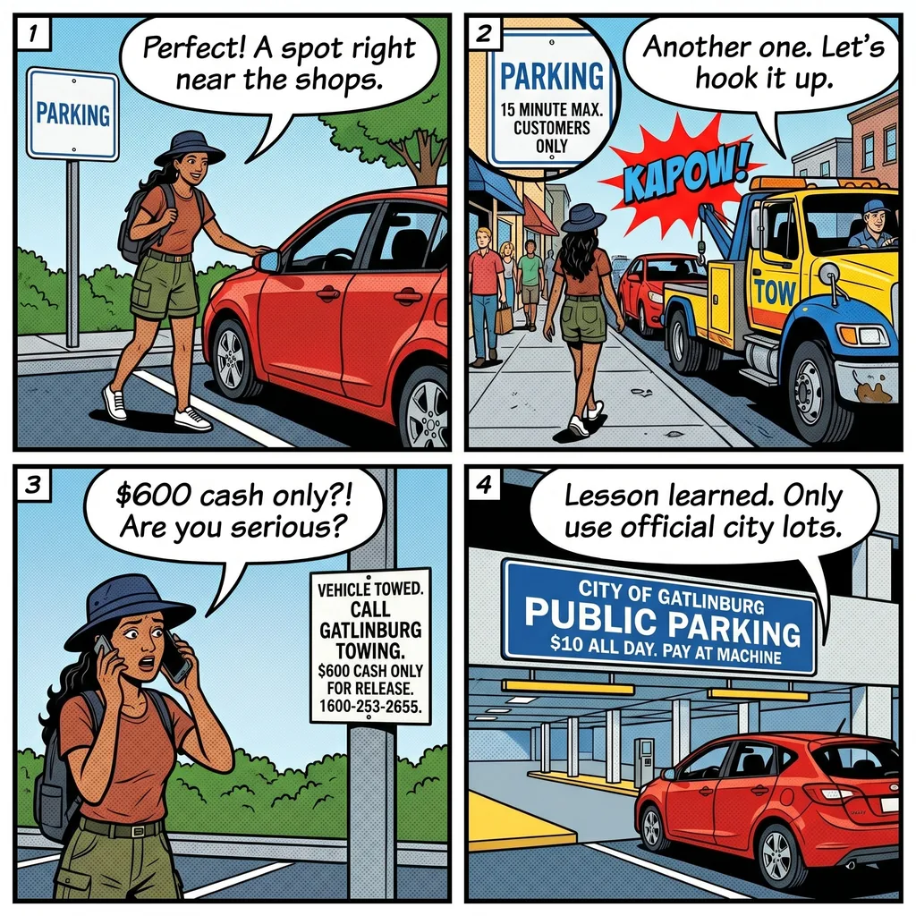 Gatlinburg 'Everything Auto' & Predatory Private Tow Scam — comic illustration