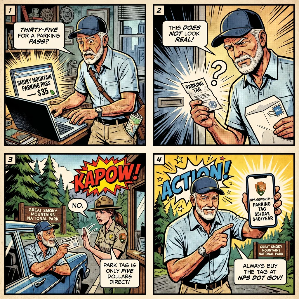 Great Smoky Mountains NP Parking Pass & Fake 'Park Permit' Scam — comic illustration