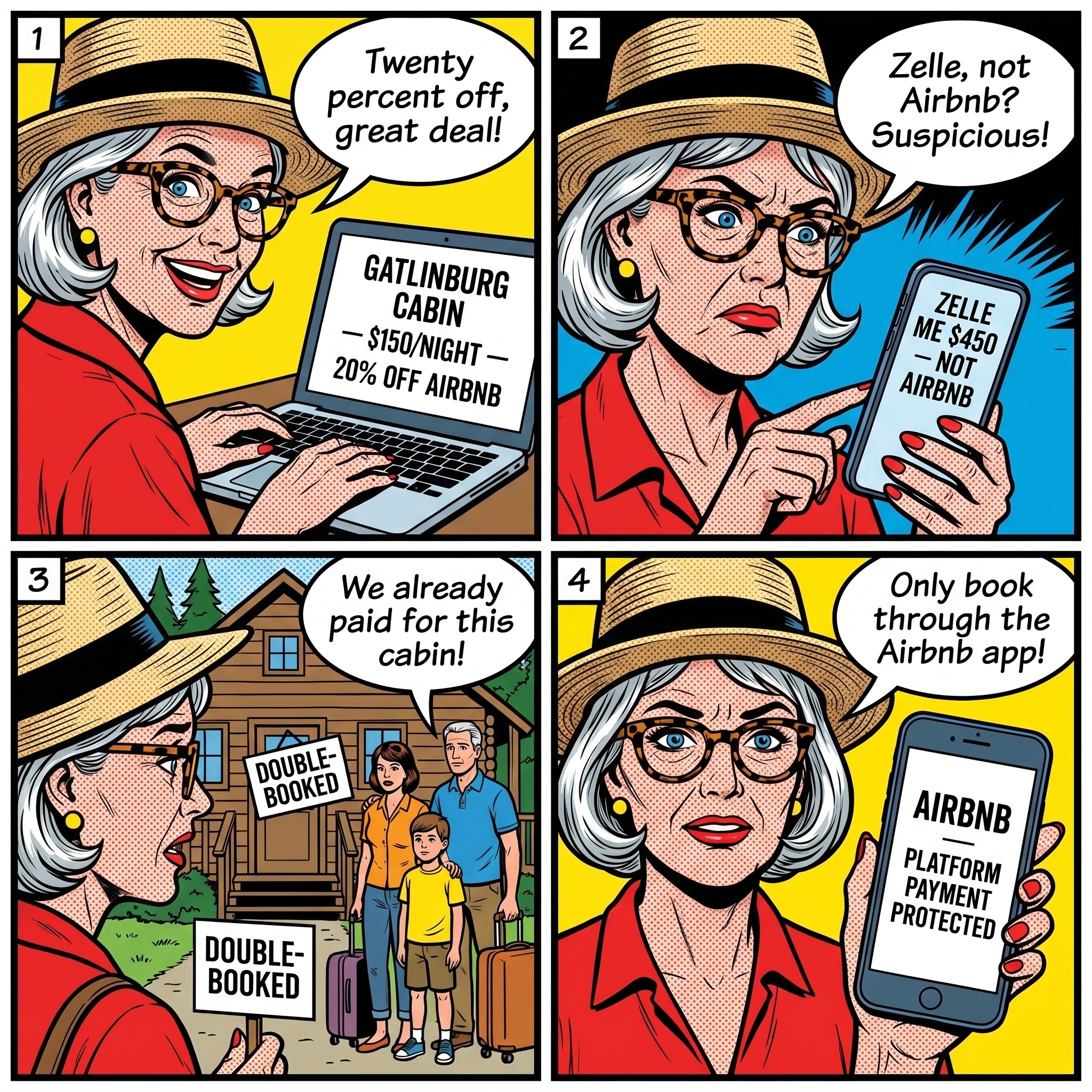 Gatlinburg / Pigeon Forge Cabin Rental Off-Platform Booking Fraud — comic illustration