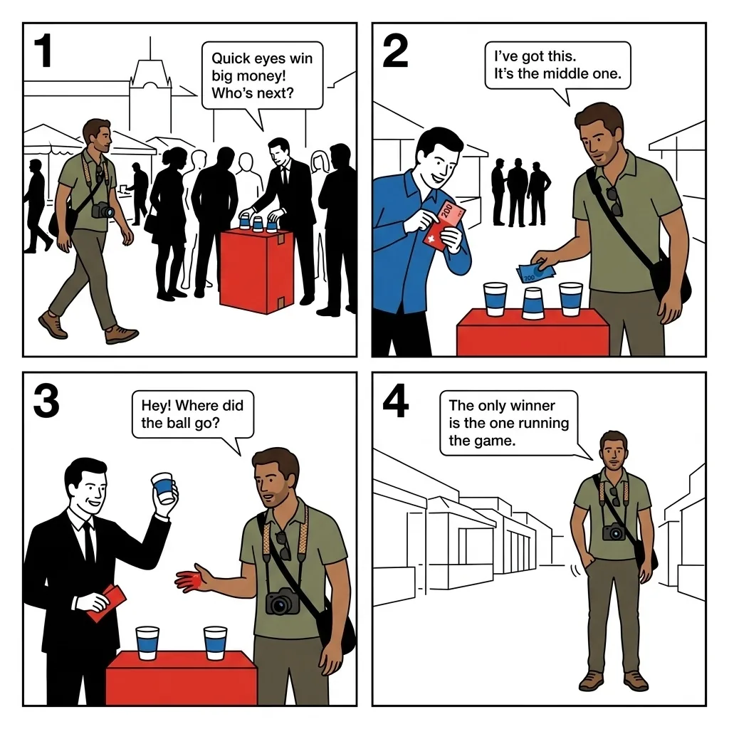 The Plainpalais Shell Game — comic illustration