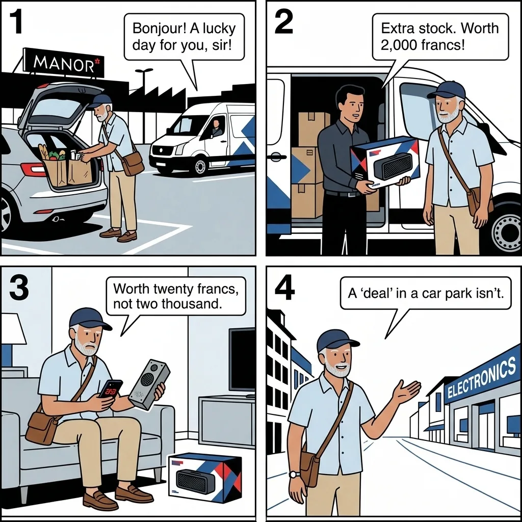 The White Van Speaker Scam — comic illustration