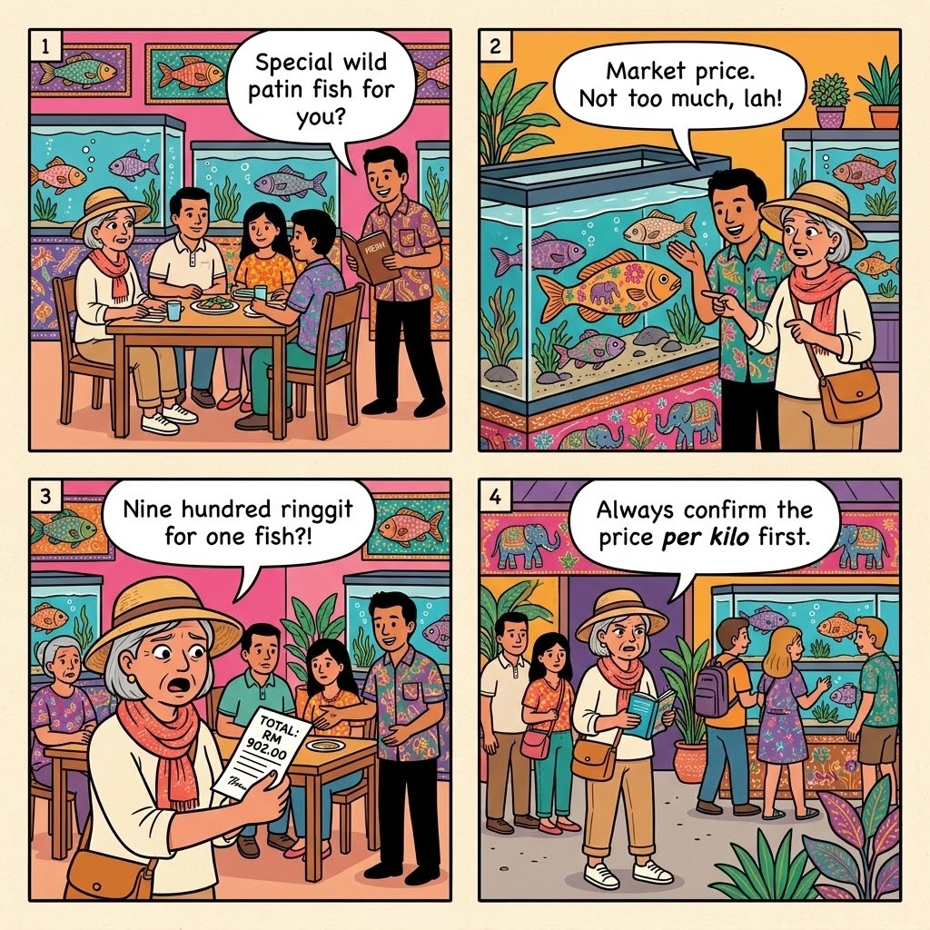 Gohtong Jaya 'Wild Fish / Market Price' Seafood Bill-Shock at Genting Food Street — comic illustration