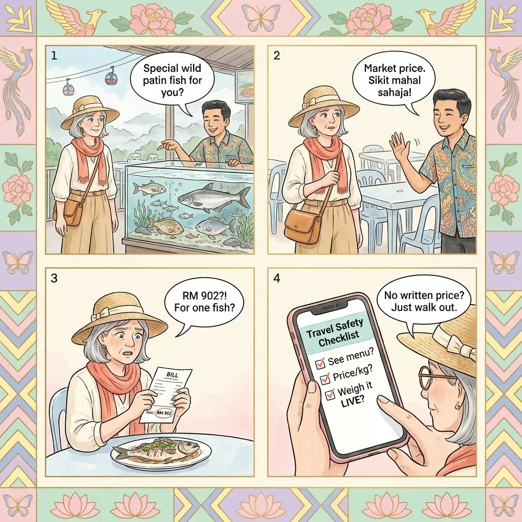 Gohtong Jaya 'Wild Fish / Market Price' Seafood Bill-Shock at Genting Food Street — comic illustration