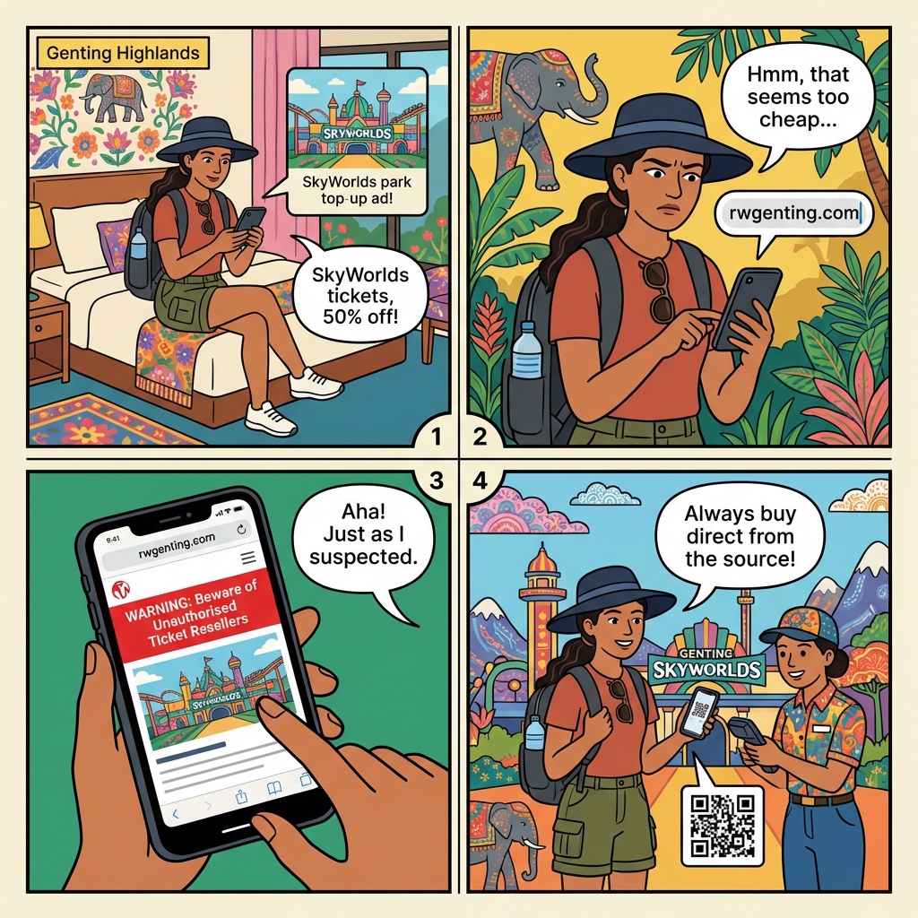 Fake Genting SkyWorlds Theme Park Tickets & QR-Code Reseller Scam — comic illustration