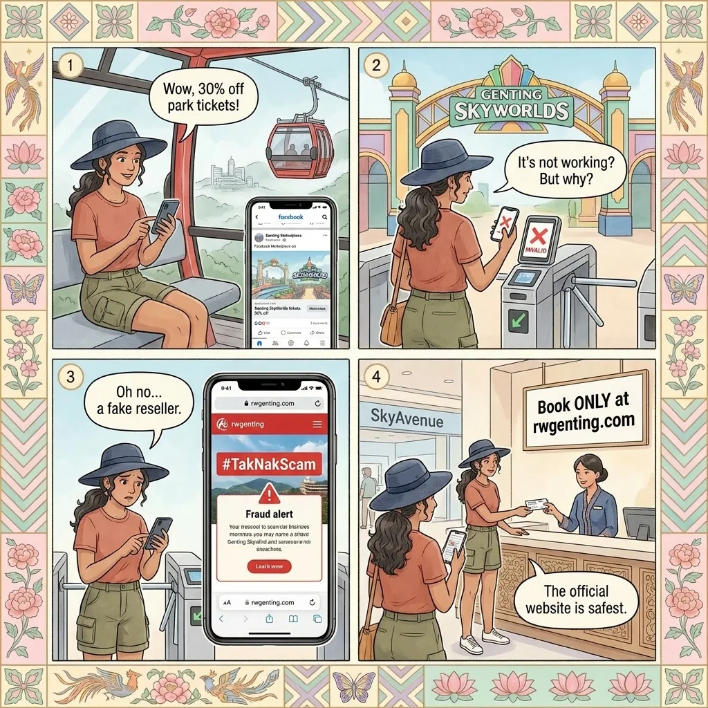 Fake Genting SkyWorlds Theme Park Tickets & QR-Code Reseller Scam — comic illustration