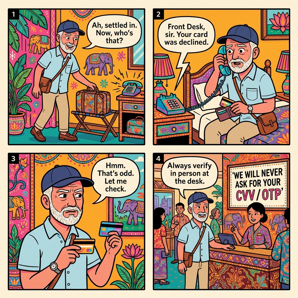 Resorts World Genting Fake 'Hotel Staff' Room-Phone & OTP/Card-Verification Fraud — comic illustration