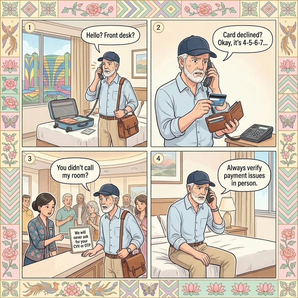 Resorts World Genting Fake 'Hotel Staff' Room-Phone & OTP/Card-Verification Fraud — comic illustration