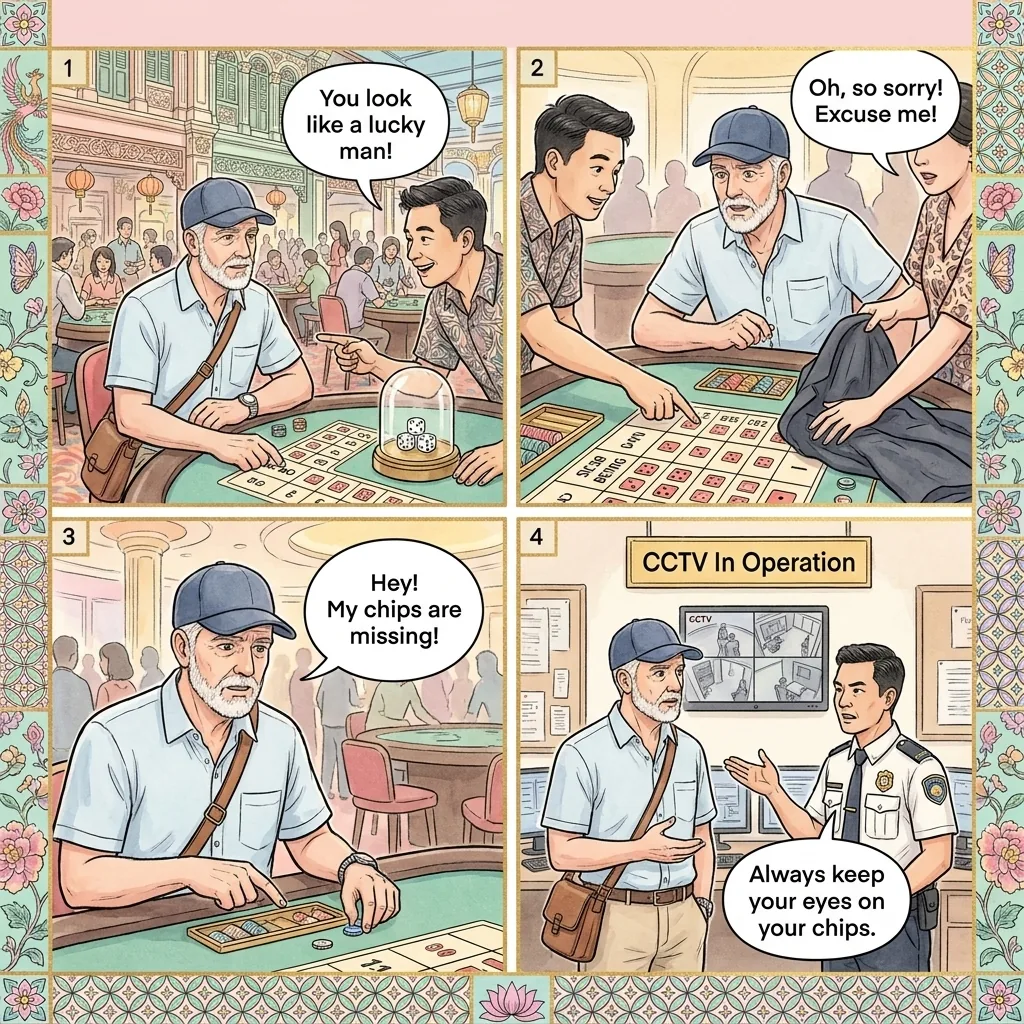 SkyCasino Distraction Chip-Lift & Casino-Floor Begging-Syndicate Scam — comic illustration