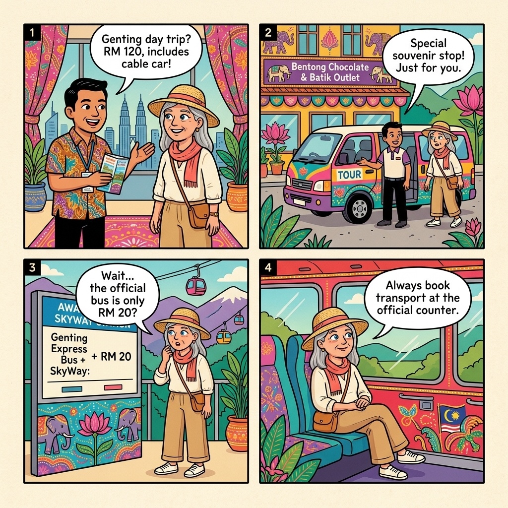 KL–Genting Unlicensed Shuttle-Van 'Souvenir Stop' & Upsell Scam — comic illustration