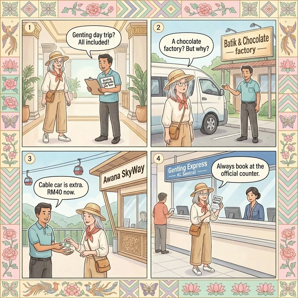 KL–Genting Unlicensed Shuttle-Van 'Souvenir Stop' & Upsell Scam — comic illustration