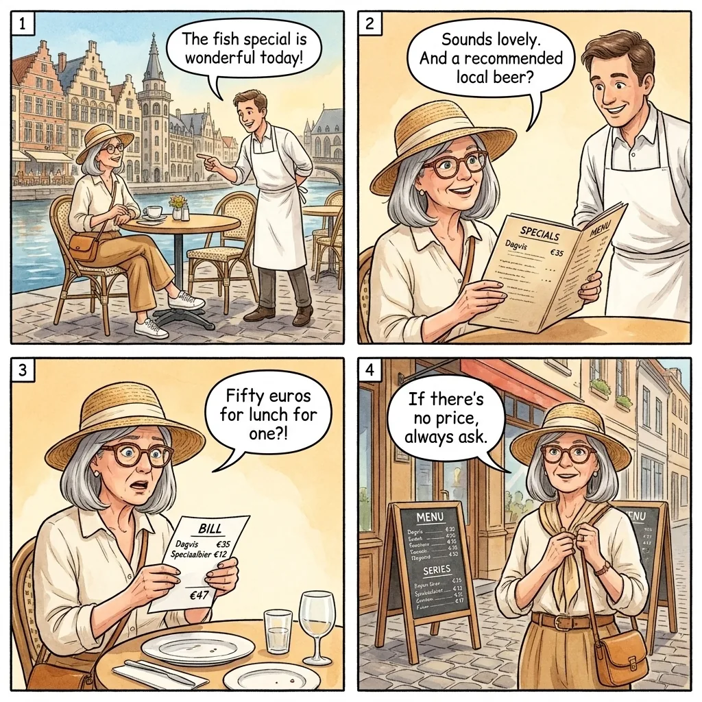 The Graslei Terrace Overcharge — comic illustration