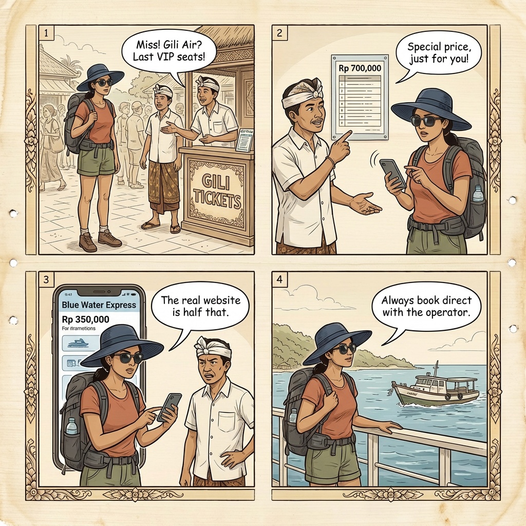 Gili Islands Fast Boat Ticket Overcharge & Fake-Operator Fraud — comic illustration