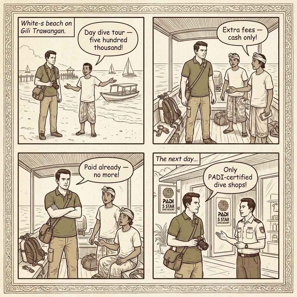 Gili Trawangan Snorkelling & Turtle-Tour Unlicensed Boat Scam — comic illustration