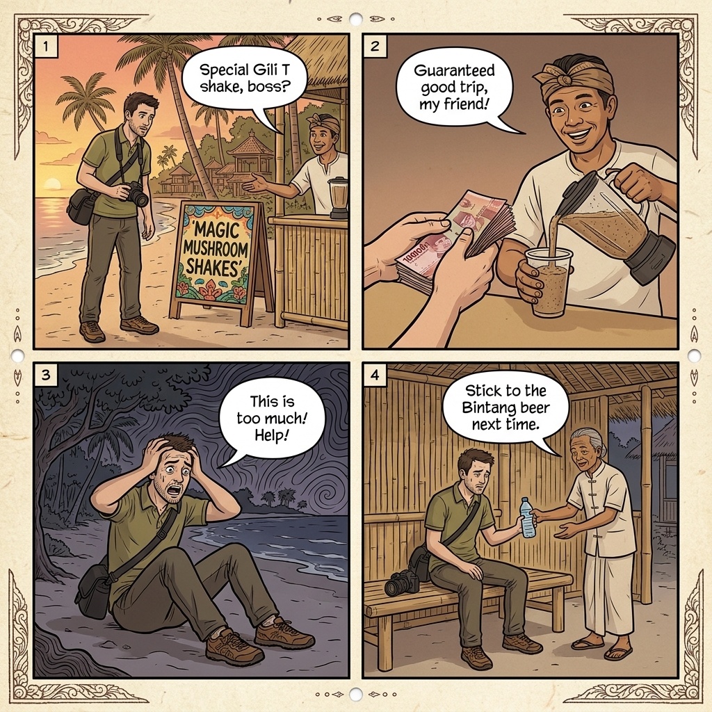 Gili T Magic Mushroom & Spiked-Drink 'Party Island' Scam — comic illustration