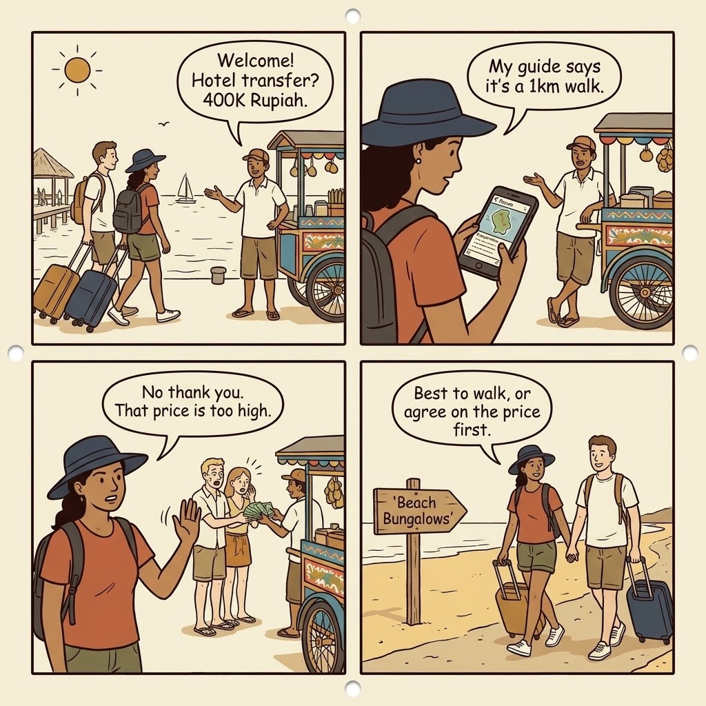 Cidomo Overcharge Monopoly on Gili Islands — comic illustration