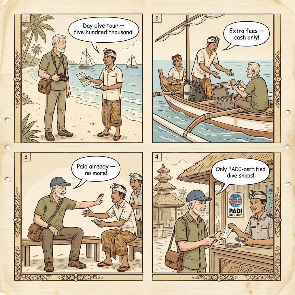 Gili Islands Dive Shop Certification Shortcut & Gear Refill Scam — comic illustration