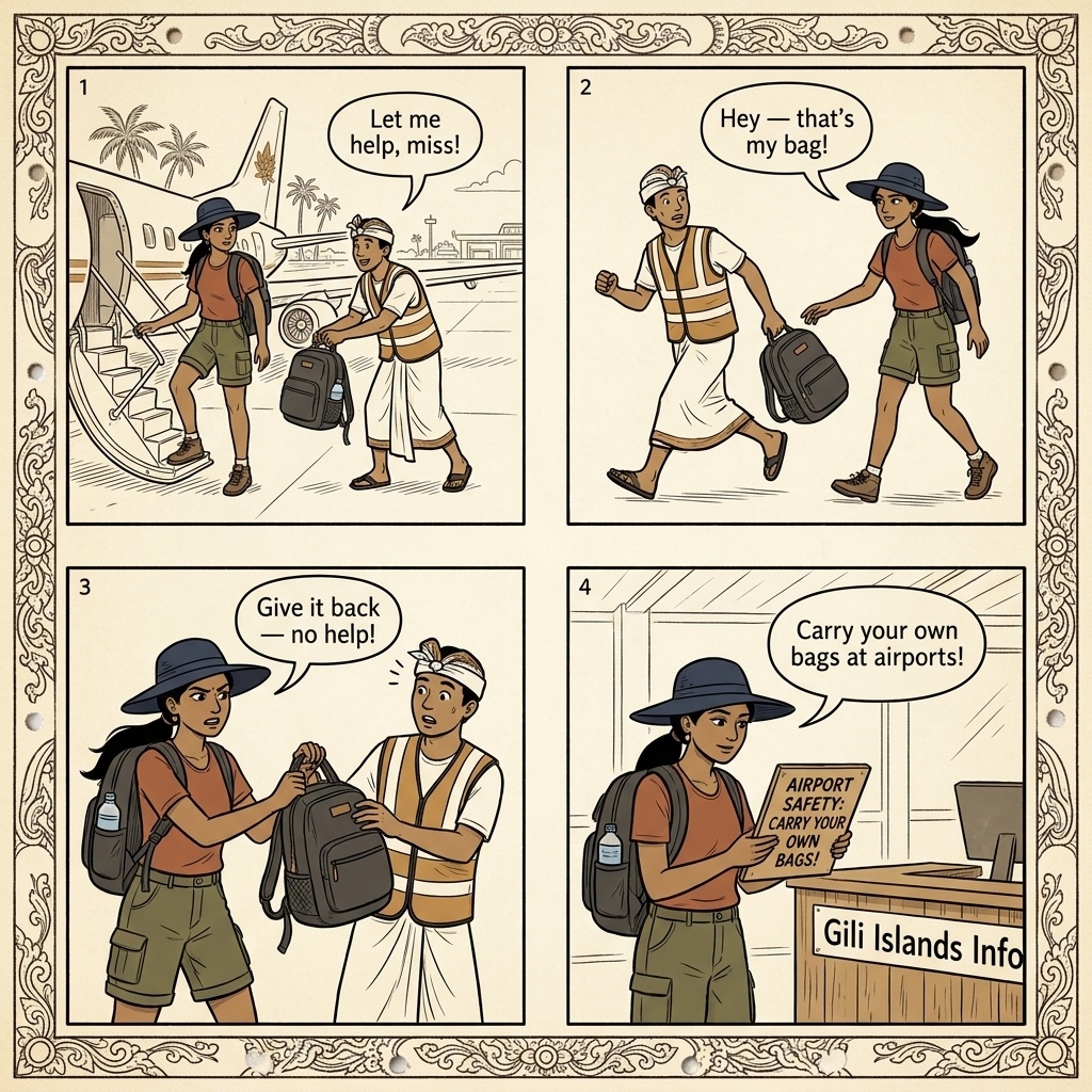 Gili Arrival Porter Forced-Tip & Luggage Carry Shakedown — comic illustration