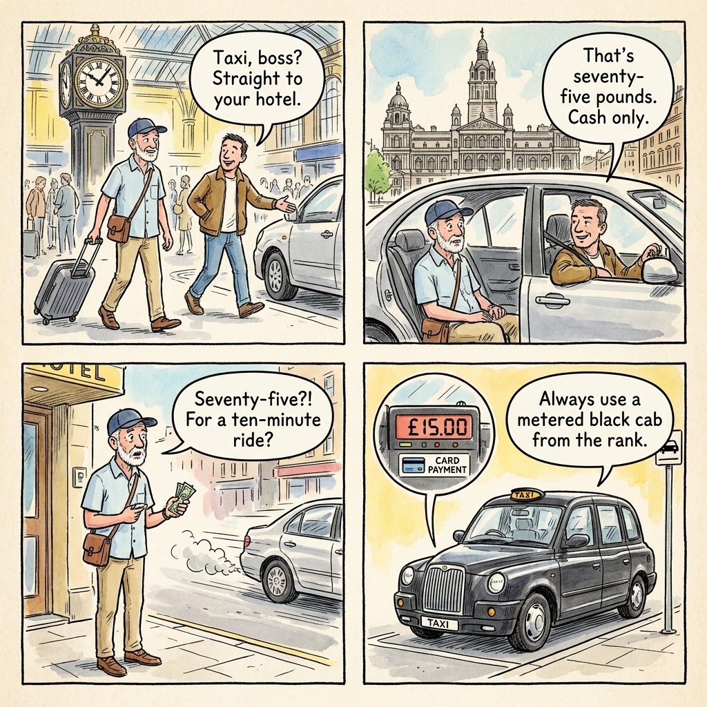 Glasgow Central & Queen Street Station Unlicensed & Cash-Only Taxi Gouging — comic illustration