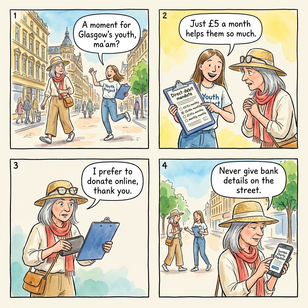 Buchanan Street 'Youth Project' Fake-Charity Clipboard Fundraisers — comic illustration