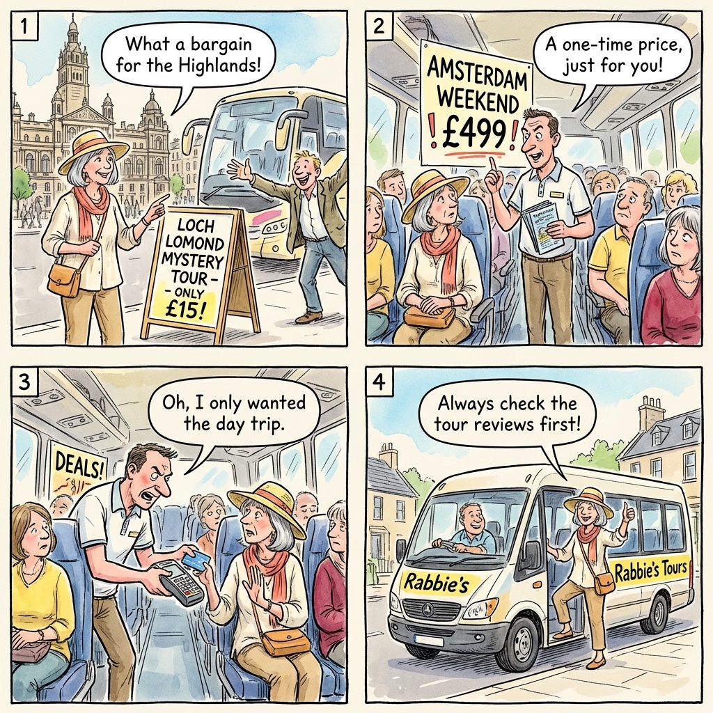 Loch Lomond & 'Discover Scotland' Mystery-Tour Timeshare-Style Upsell — comic illustration