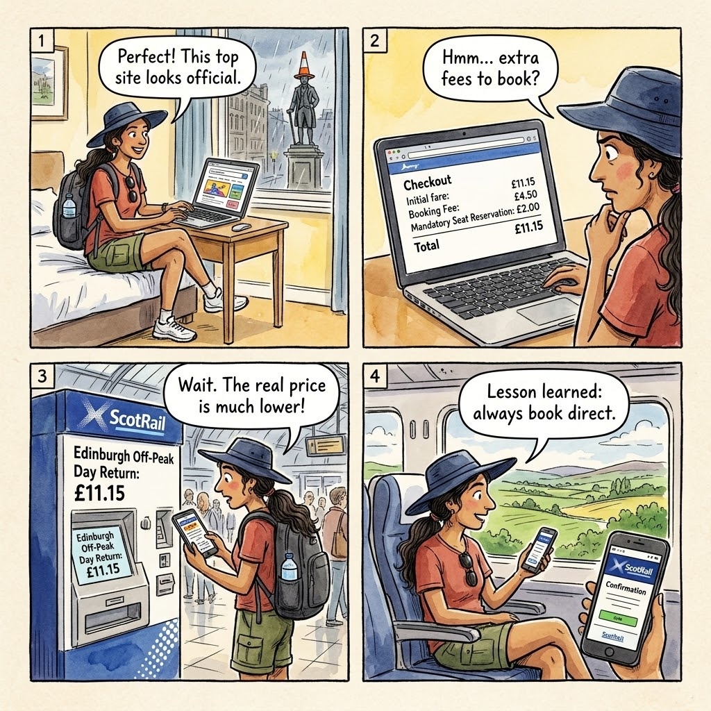 Edinburgh-Glasgow ScotRail Third-Party Ticket Reseller Markup — comic illustration