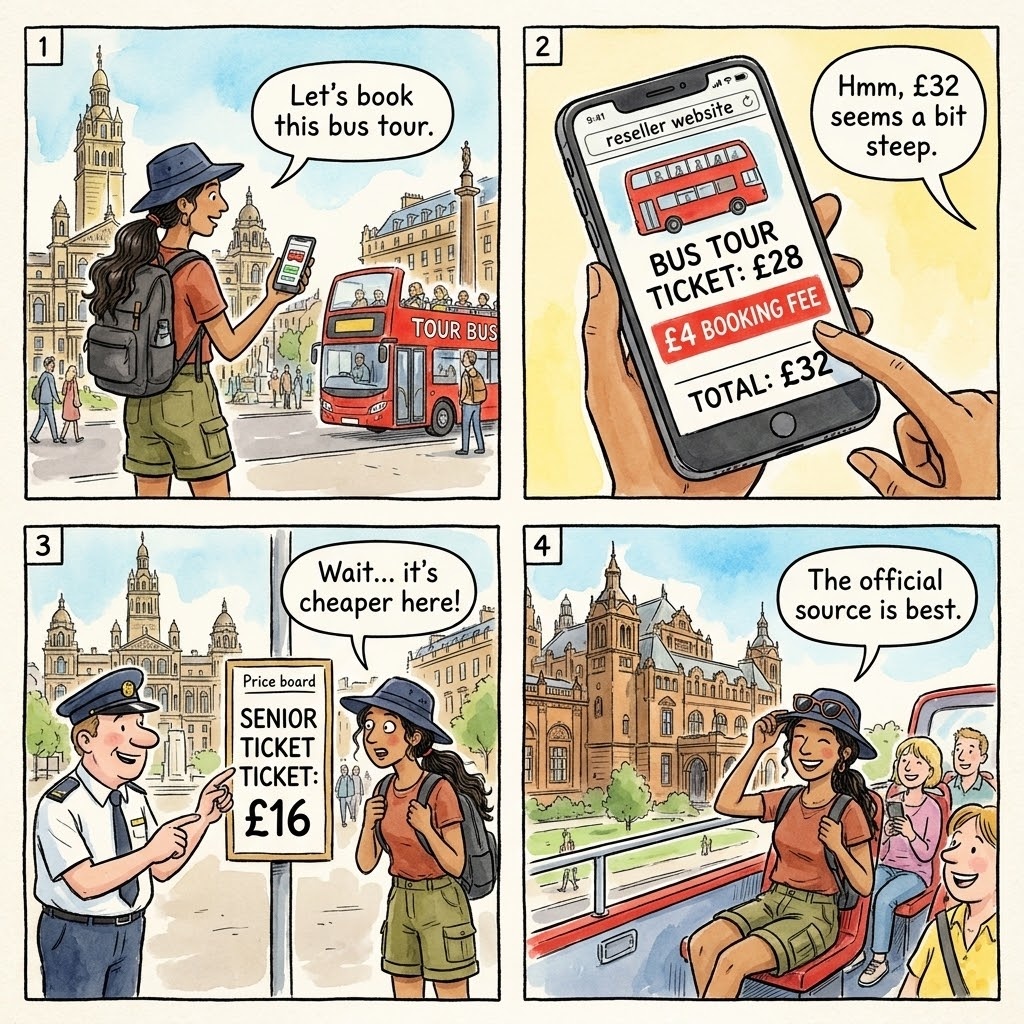 Glasgow Hop-On-Hop-Off Bus Reseller Markup (Not City Sightseeing Direct) — comic illustration