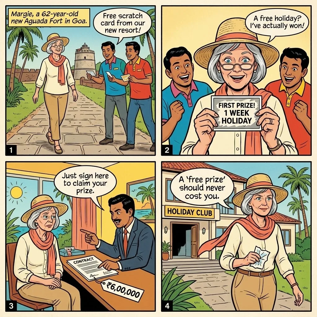 Scratch Card Resort Membership Scam — comic illustration