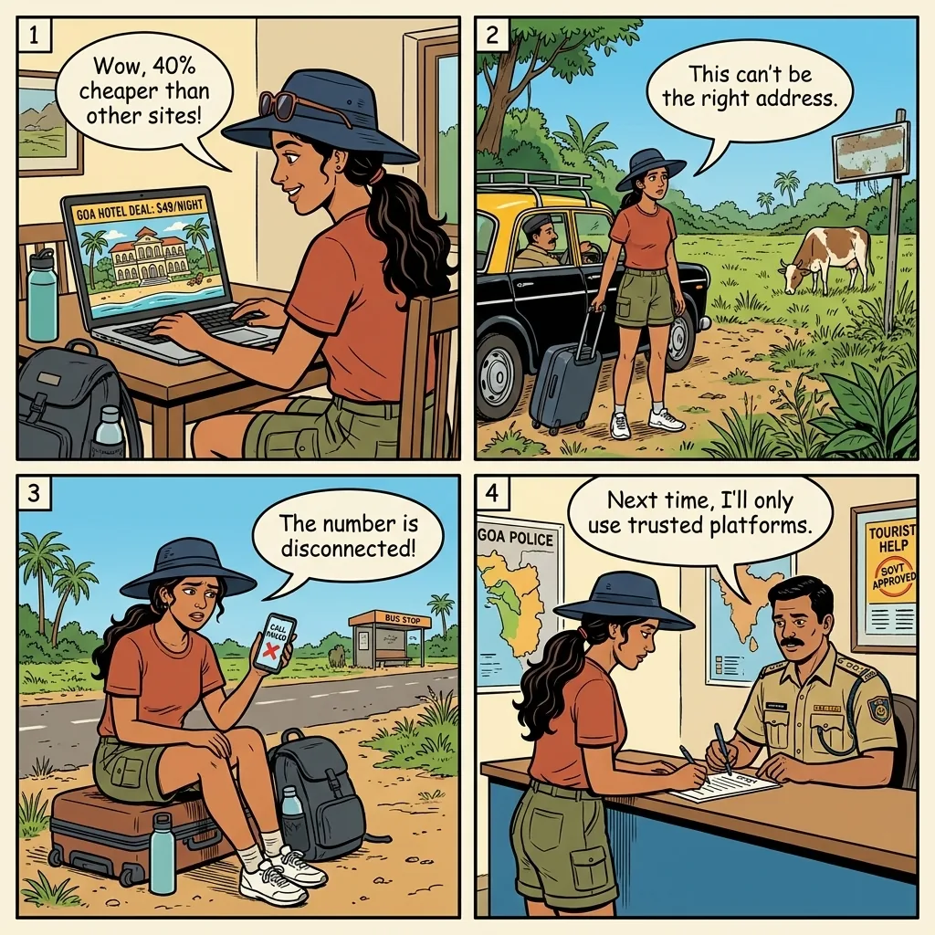 Fake Hotel Listing Booking Fraud — comic illustration