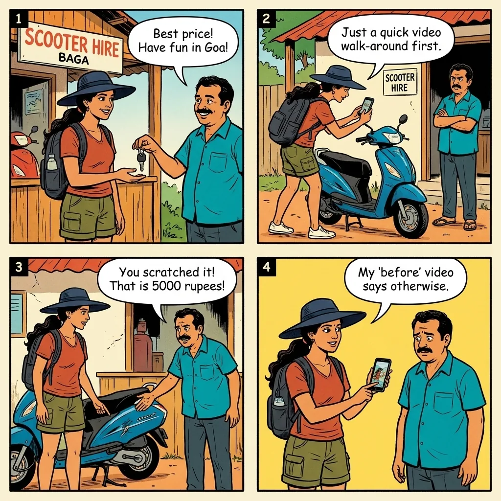 Motorbike Rental Damage Claim — comic illustration