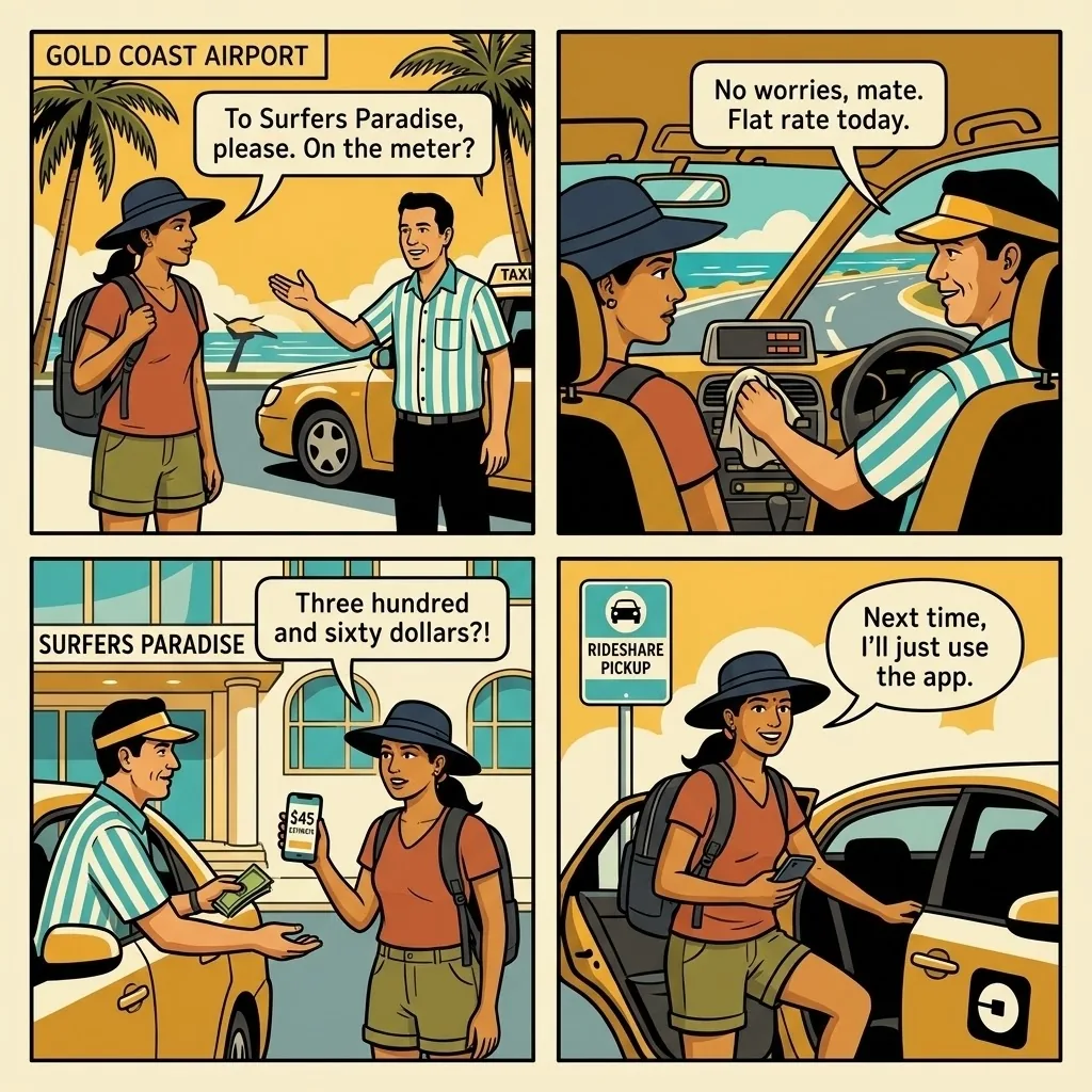 Gold Coast Airport Taxi Overcharge — comic illustration