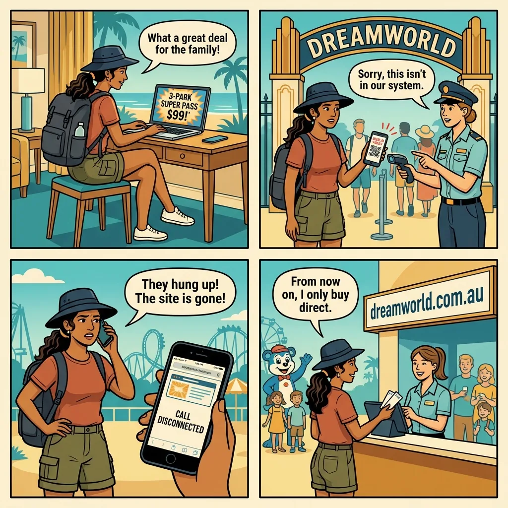 Fake / Unauthorized Theme Park Ticket Discount Sites — comic illustration