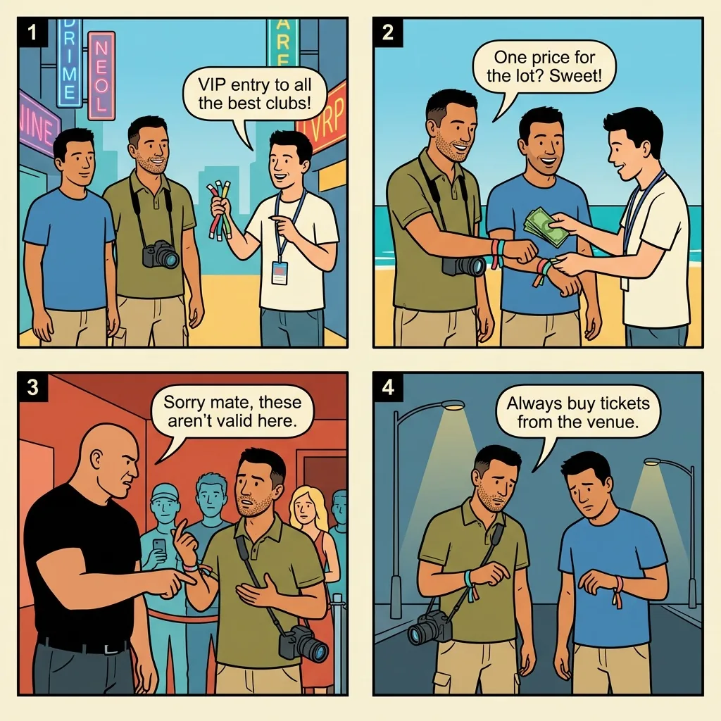 Cavill Avenue Nightclub Wristband & Tab Scam — comic illustration