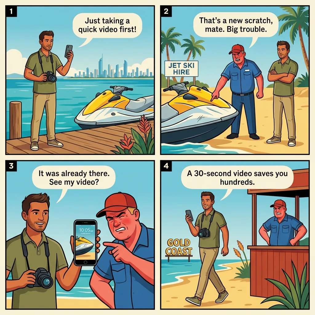 Jet Ski / Scooter / Beach-Toy Damage Scam — comic illustration