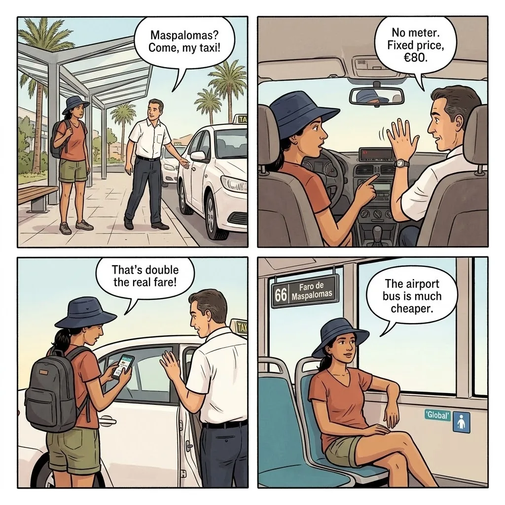 Las Palmas Airport & Maspalomas Taxi Transfer Overcharge — comic illustration