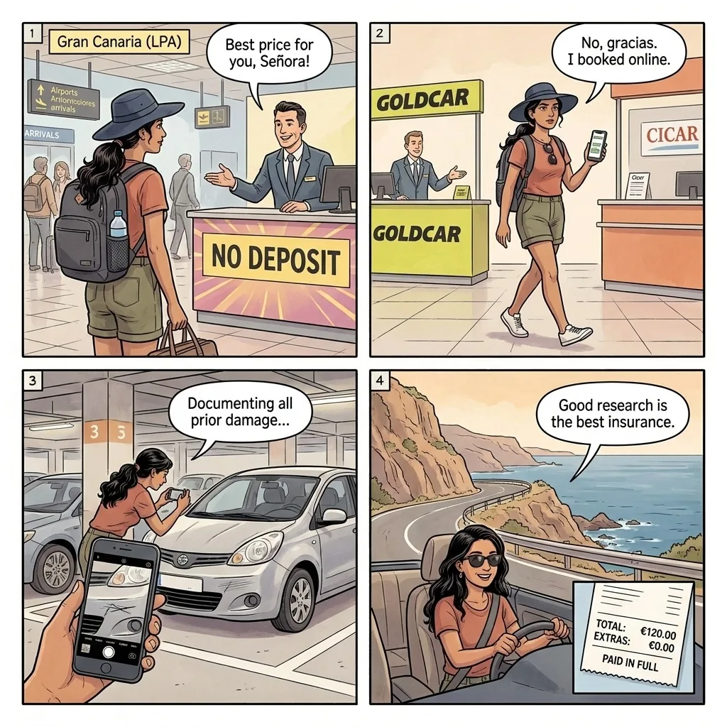 Gran Canaria Rental Car Scams — Cicar & AutoReisen as Trusted Operator — comic illustration