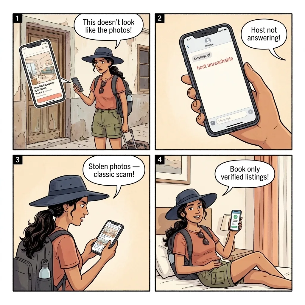 Gran Canaria Airbnb & lodiautos.com Fake-Listing Fraud — comic illustration