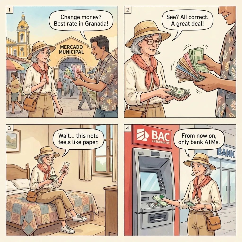 The Granada Bazaar Counterfeit-Córdoba Swap — comic illustration