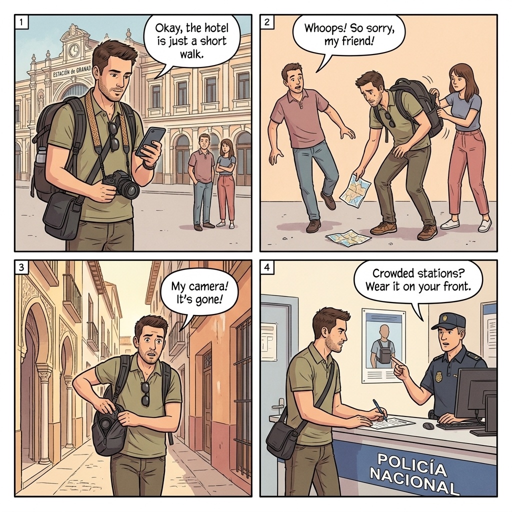 Granada Station & Alhambra Entrance Pickpockets — comic illustration