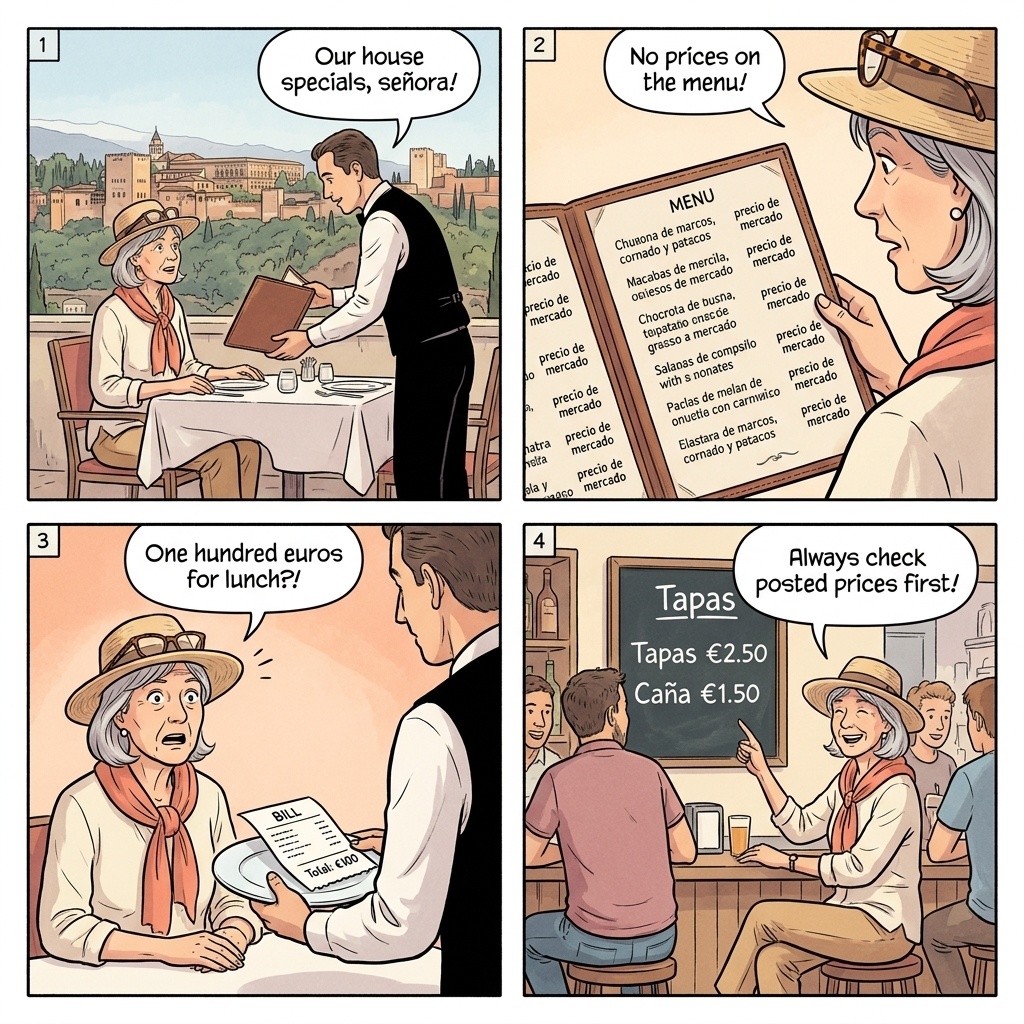 'Free Tapas' Tourist-Trap Restaurant Bait-and-Switch — comic illustration