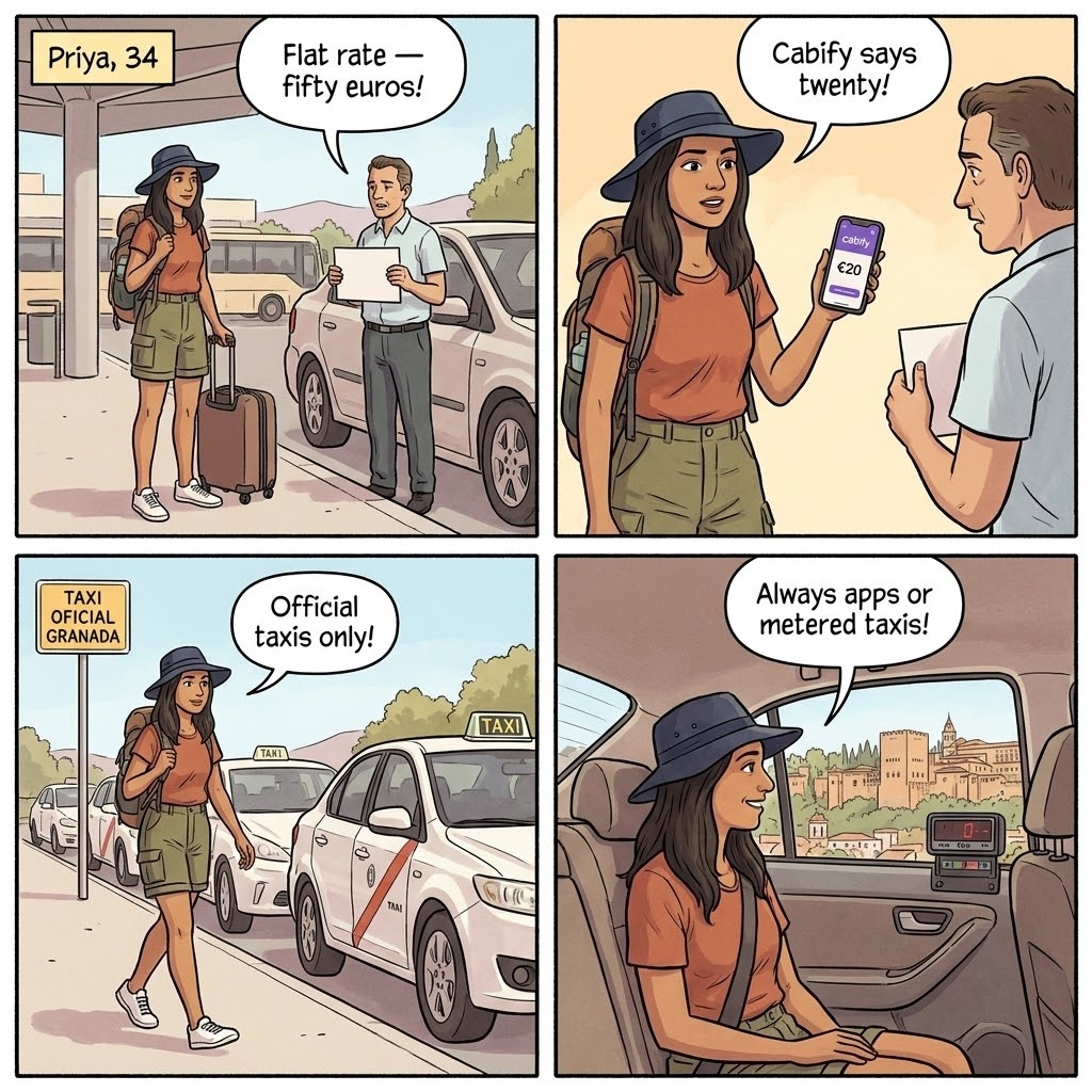 Granada Airport & Old Town Taxi Overcharge — comic illustration