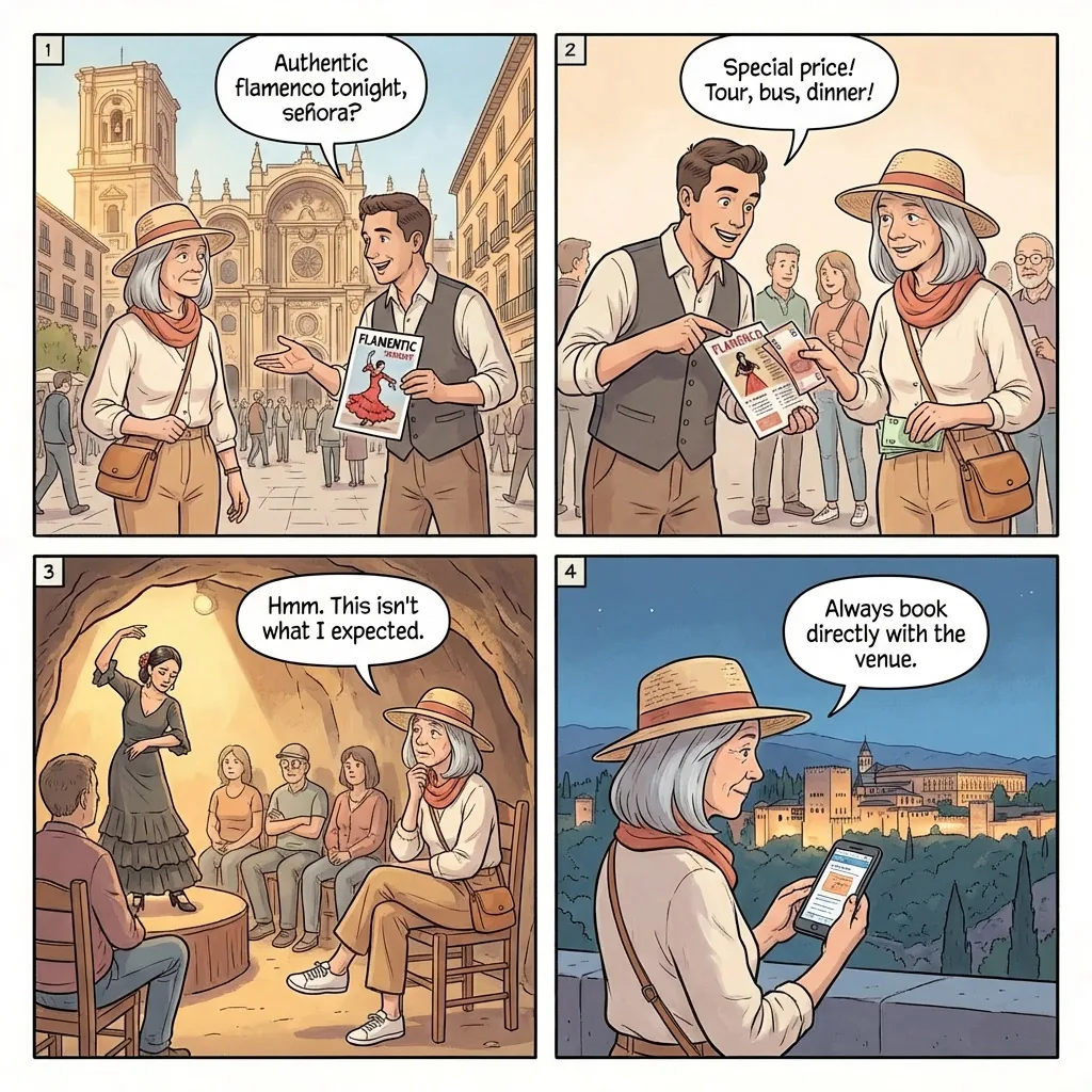 Sacromonte Flamenco Cave & Street-Tout Tour Hustle — comic illustration